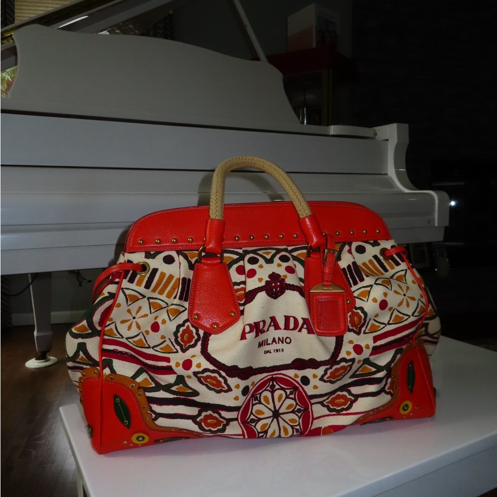 Prada Orange Trim Multicolor Printed Canvas Tote - Picture 4 of 7